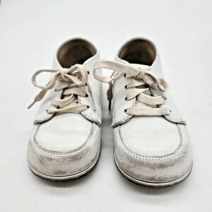 Vintage Baby Sz 4.5 White Leather Walking Shoes High Top Hard Bottom Lace Up A